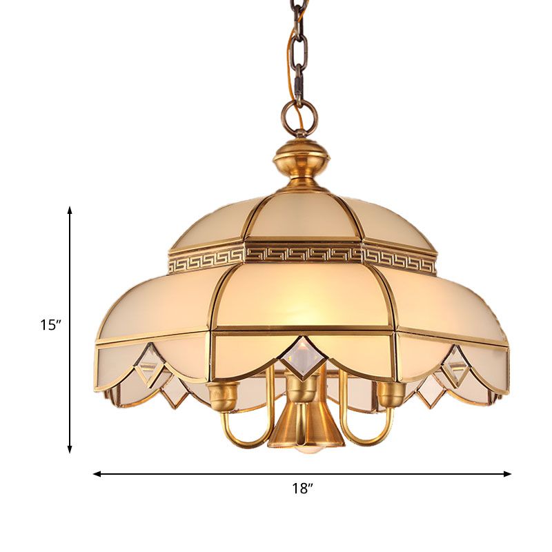 Brass 5 Heads Chandelier Lighting Colonialism Cream Glass Dome Pendant Ceiling Light for Dining Room