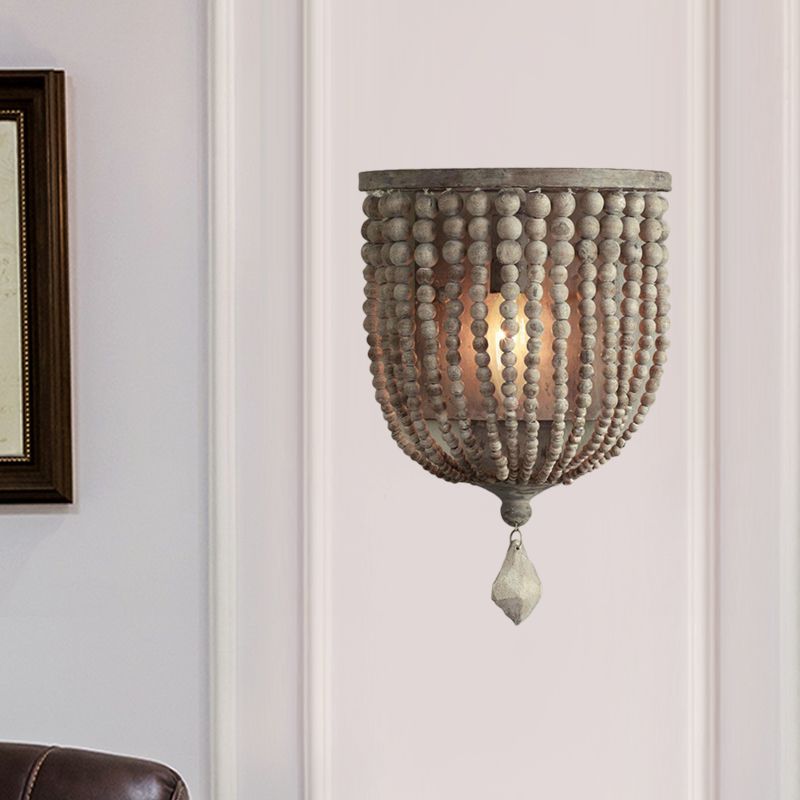 1 Light Wood Wall Mount Lamp Countryside Grey Beaded Living Room Sconce Light Fixture