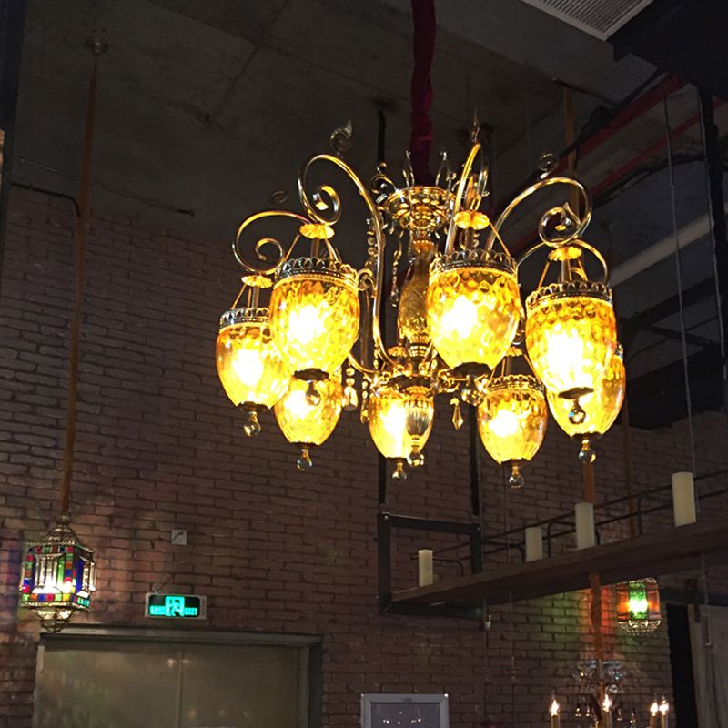 8 Bulbs Urn Pendant Chandelier Traditional Gold Dimpled Glass Hanging Ceiling Light for Restaurant