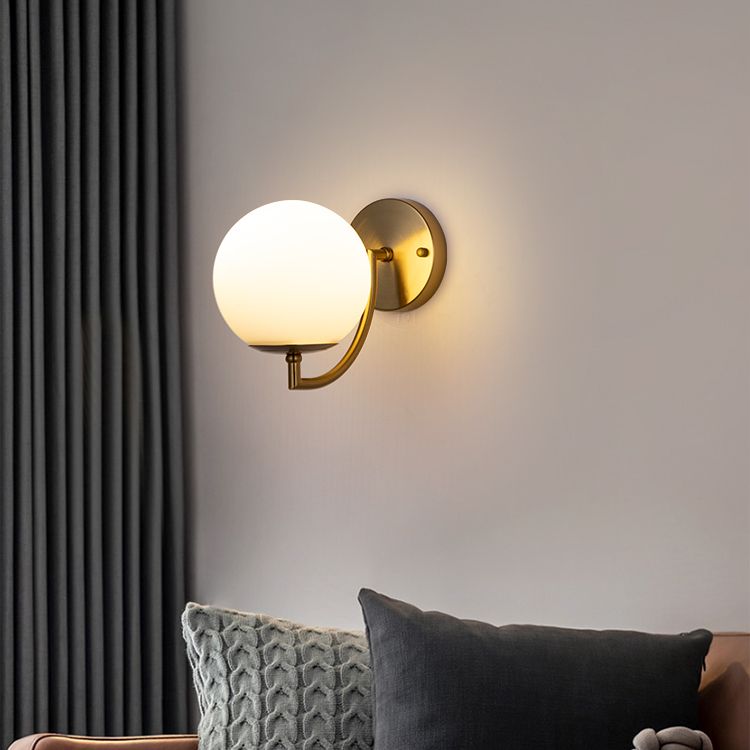 Living Room Wall Lamp Modern Style Brass Wall Sconce with White Glass Ball Shade
