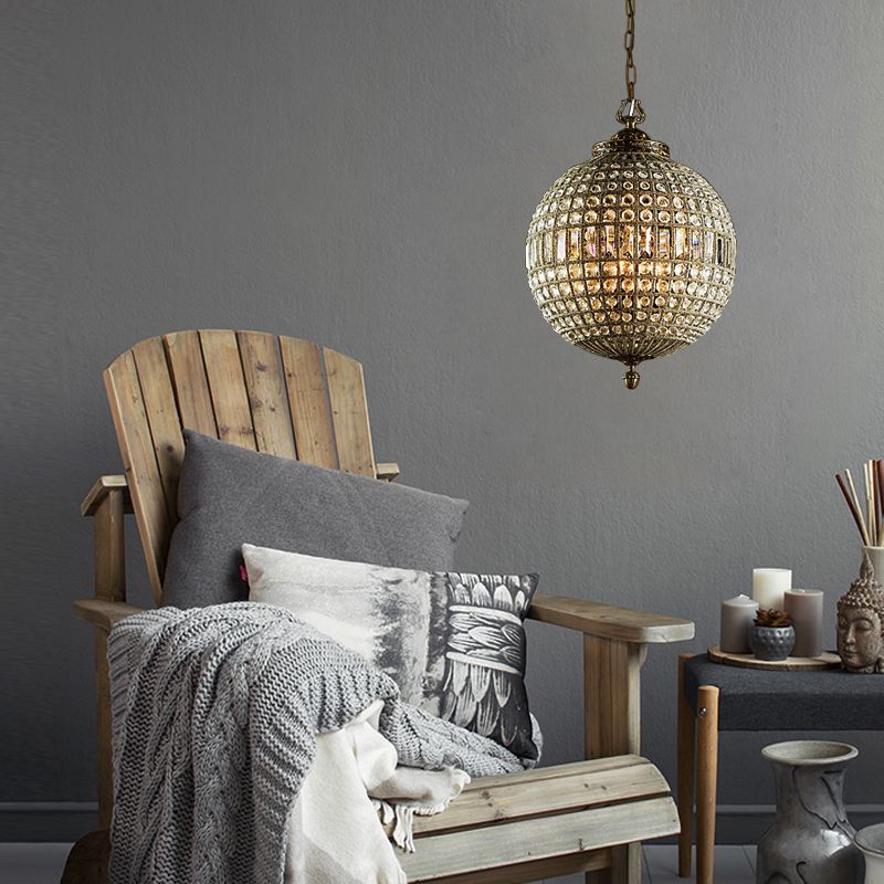 Traditional Orb Hanging Lamp 3 Bulbs Crystal Chandelier Light Fixture in Brass for Living Room