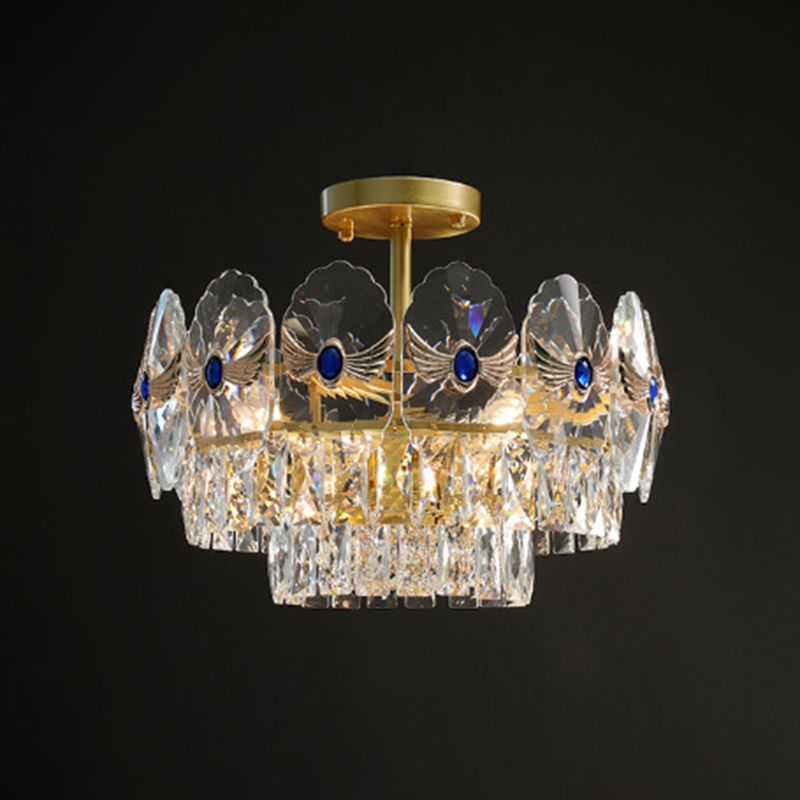 Tiered Semi Flush Light Artistic Beveled Crystal Living Room Flush Ceiling Light Fixture in Gold