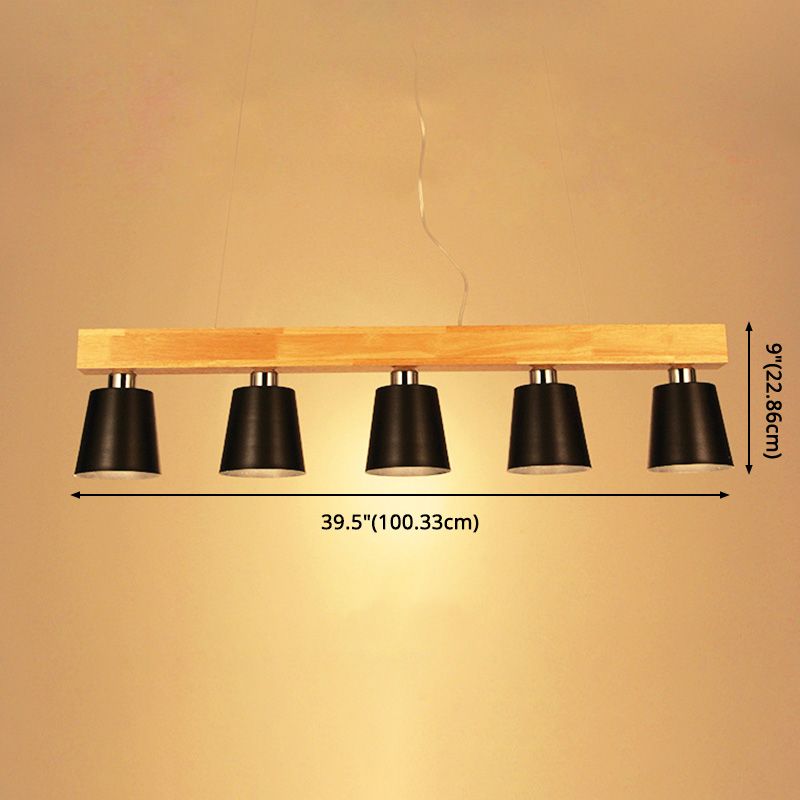 Nordic Minimalist Metal Cone Shades Hanging Light Linear Wood Restaurant Island Light in Black