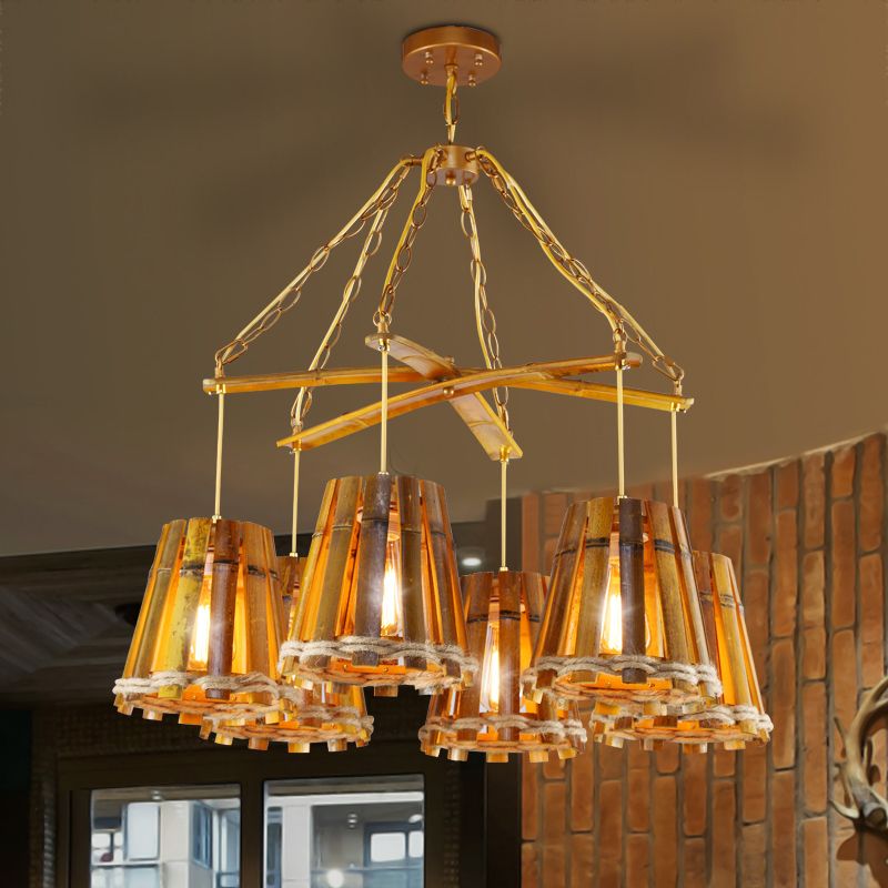 Gele 6 lichten kroonluchter lamp retro bamboe conische suspensieverlichting met natuurlijk touw