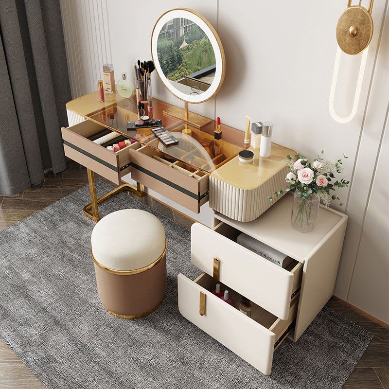 Glam Wood Makeup Vanity Desk Glass Top 4 Drawer Dressing Table