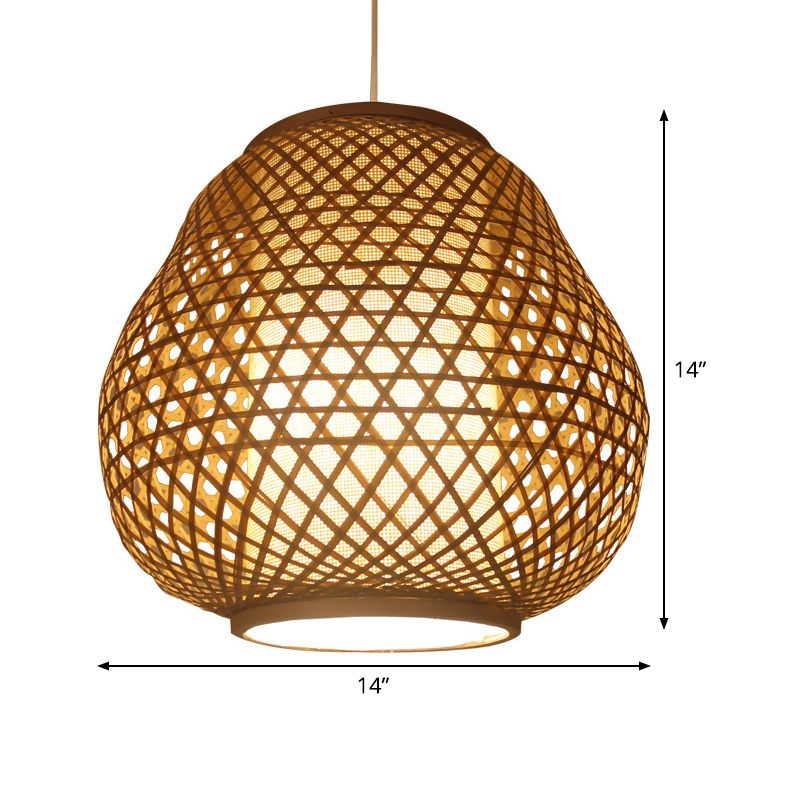 Asian 1 Bulb Pendant Lighting Beige Teardrop Hanging Ceiling Light with Bamboo Shade