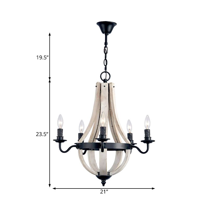 Wood Empire Chandelier Lamp Traditional 5 Lights Dining Room Ceiling Lamp with Black Arm