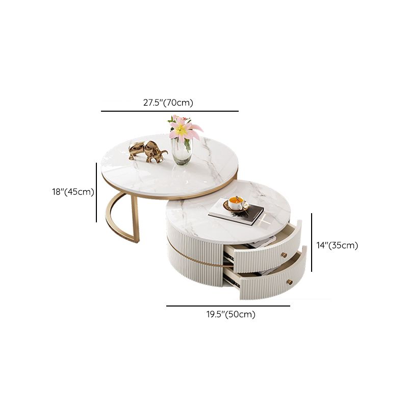 Round Coffee Table Slate Frame Nesting Coffee Table Set with Drawer