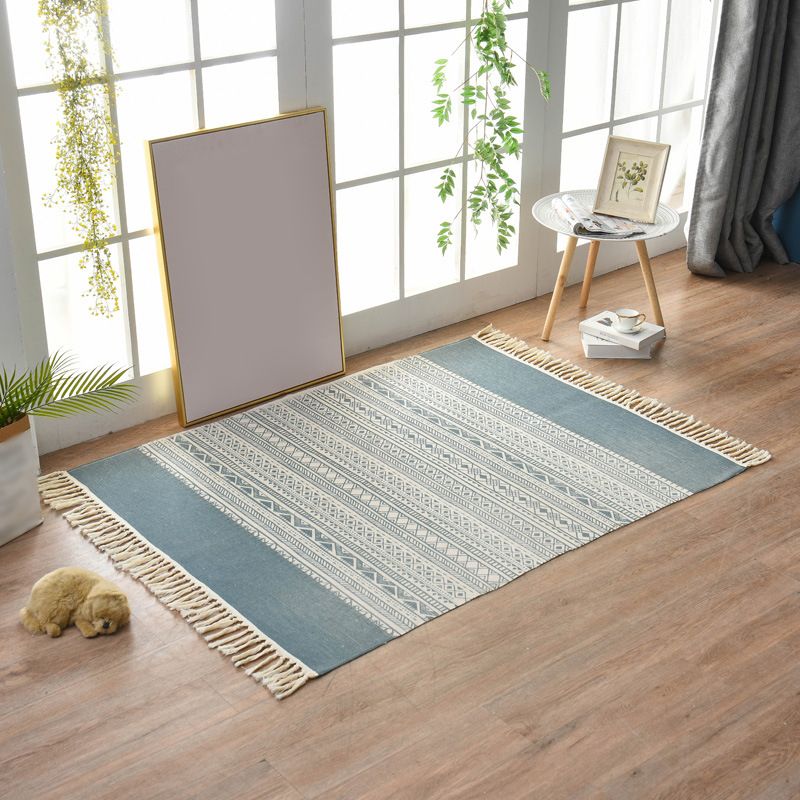 Alfombra con estampado de rayas contemporáneas, alfombra mezclada de algodón con flecos para decoración del hogar