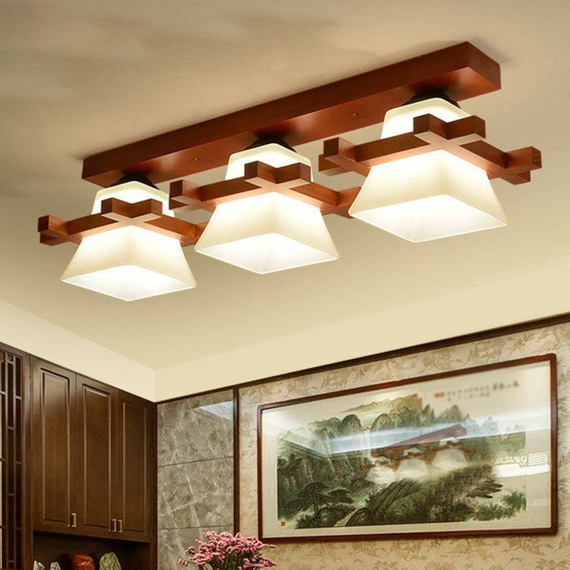 Pagoda Shaped Flush Ceiling Light Nordic Frosted White Glass Coffee Semi Mount Lighting with Wooden Frame