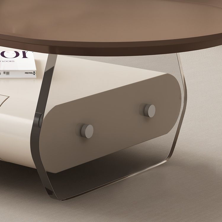 Brown Elliptical Coffee Table 15.7" H 1-Shelf & 1-Drawer Cocktail Table with Acrylic Legs