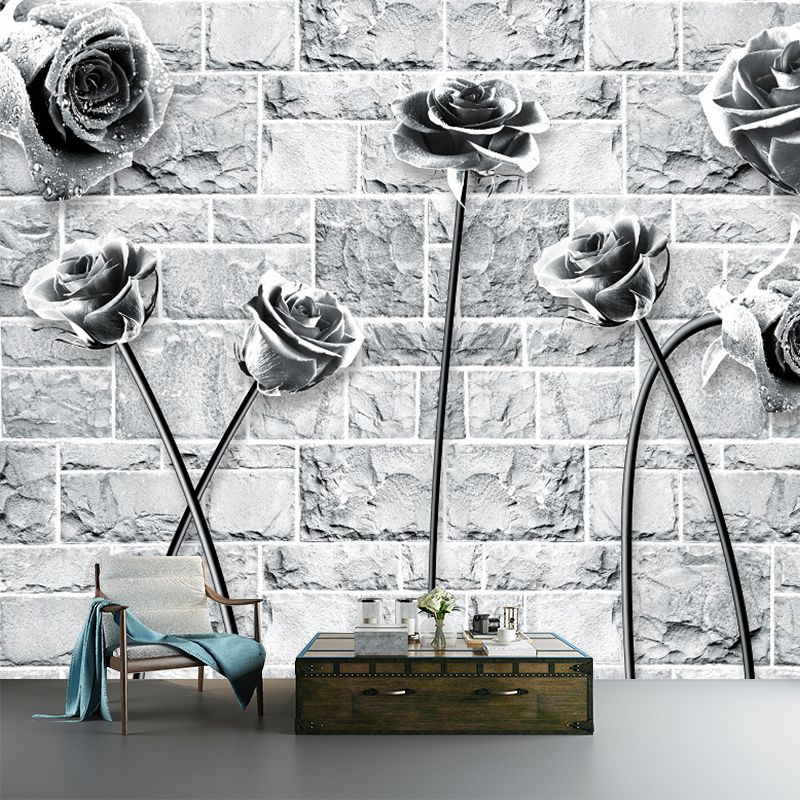 Rose and Brick Wallpaper Mural Black-White Contemporary Wall Covering for Bedroom