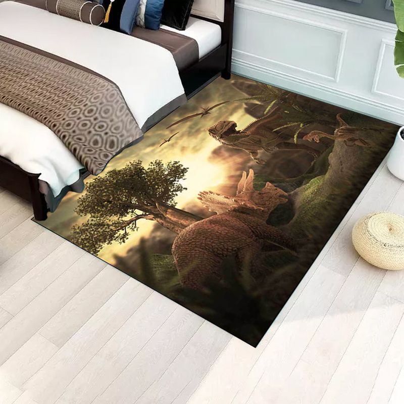 Stylish Dinosaur Pattern Rug with Tree Brown Nordic Rug Polyester Washable Anti-Slip Backing Area Rug for Living Room