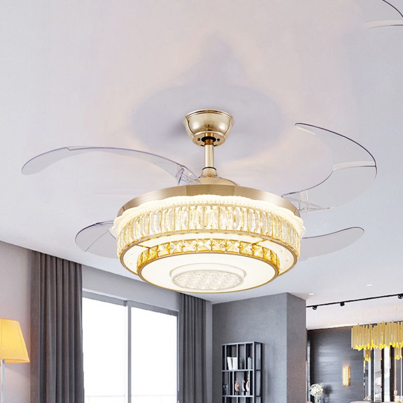 Lámpara de ventilador redondo de 2 niveles de 42 "de ancho de 42" Ligera de semi rascilla LED LED LED en oro con 4 cuchillas transparentes