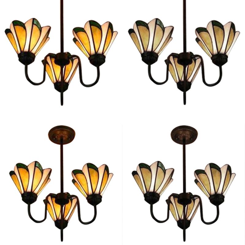 Yellow Conical Hanging Light 3 Heads Tiffany Traditional Stained Glass Ceiling Pendant for Hotel