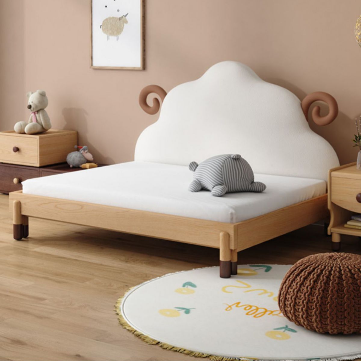 Brown Kids Bed Contemporary Solid Wood Daybed with Upholstered