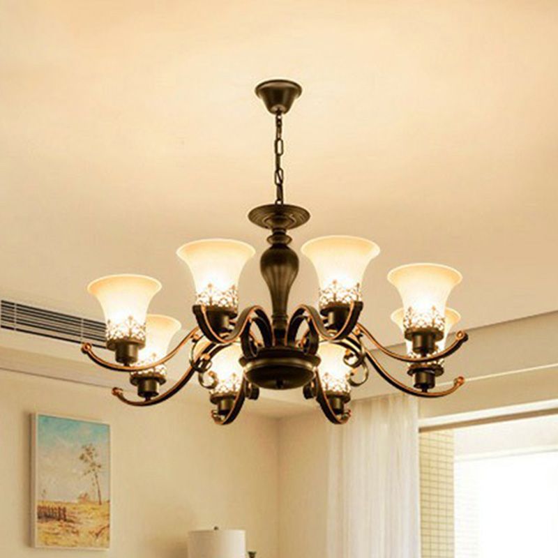 Creme Glass Flare Kronleuchter Licht Retro Wohnzimmer Anhänger Leuchte in Schwarz