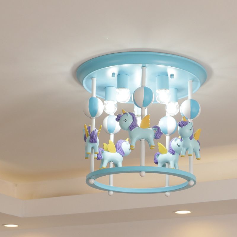 Merry-Go-Round Nursery Flush Ceiling Light Resin 6 Heads Kid Semi Flush Mount Light Fixture