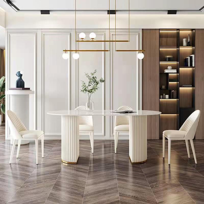 Oval Traditional Luxury Dining Table White Sintered Stone Table with White Double Pedestal