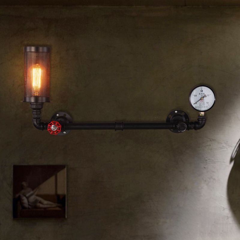 Leuchte mit einer Leuchte mit einer Leuchte mit einem Bulb mit Ventil und Messgerät in Schwarz Vintage Wasserrohr