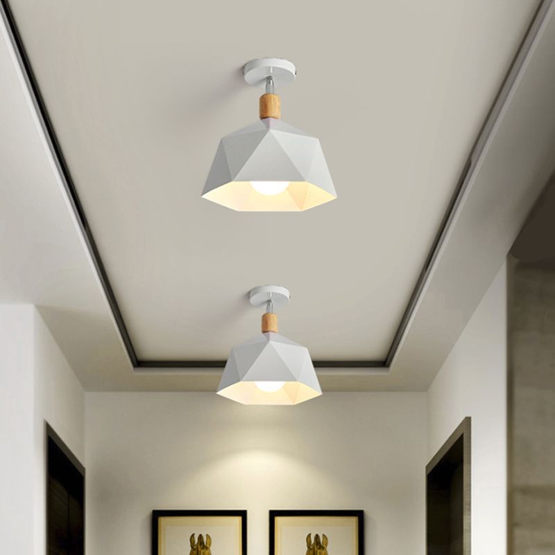 Polygon Corridor Semi Flush Light Metallic 1 Bulb Macaron Rotating Ceiling Mount Lamp in Green/Grey/White with Wood Accent