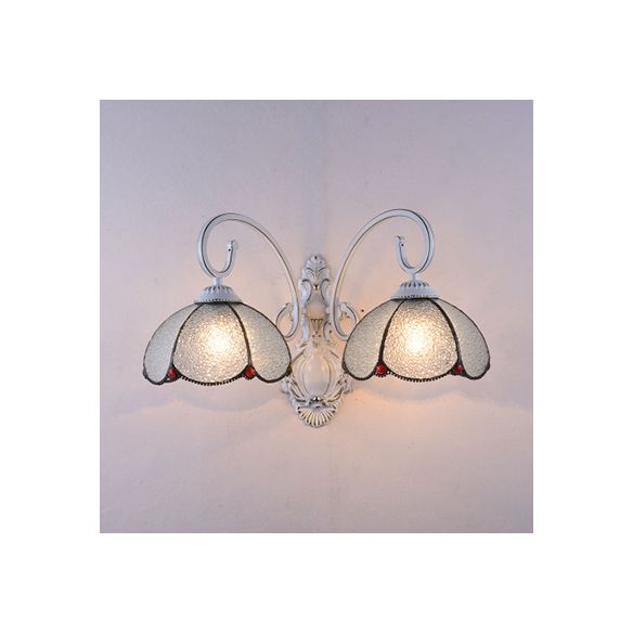 Stained Glass Scalloped Wall Light with White Curved Arm 2 Lights Traditional Sconce Light in White/Clear/Blue/Beige