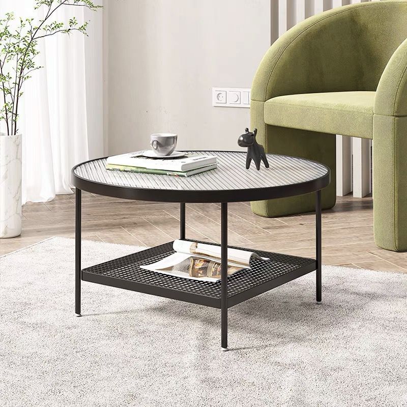 Round Glass Cocktail Table Iron 4 Legs Coffee Table with Shelf