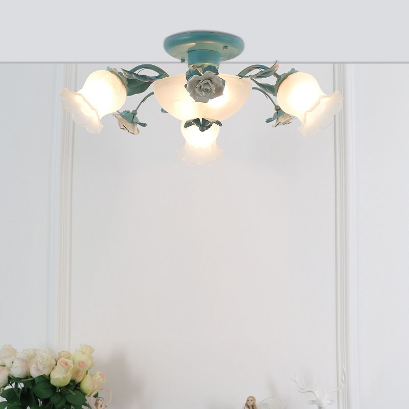 Korean Garden Flower Semi Flush Mount Frost Glass Ceiling Mounted Light for Bedroom