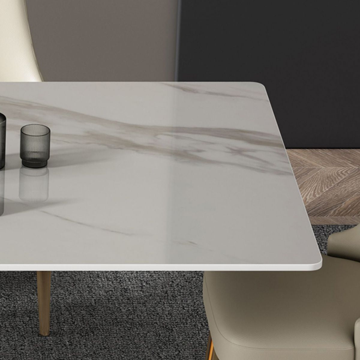 Modern Sintered Stone Table Set of 5 with Rectangle Table Dining Set with White PU Leather Chairs