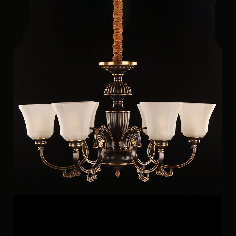 6 lumières Bell Sanging Chandelier traditionnel noir et or blanc givré en verre givré