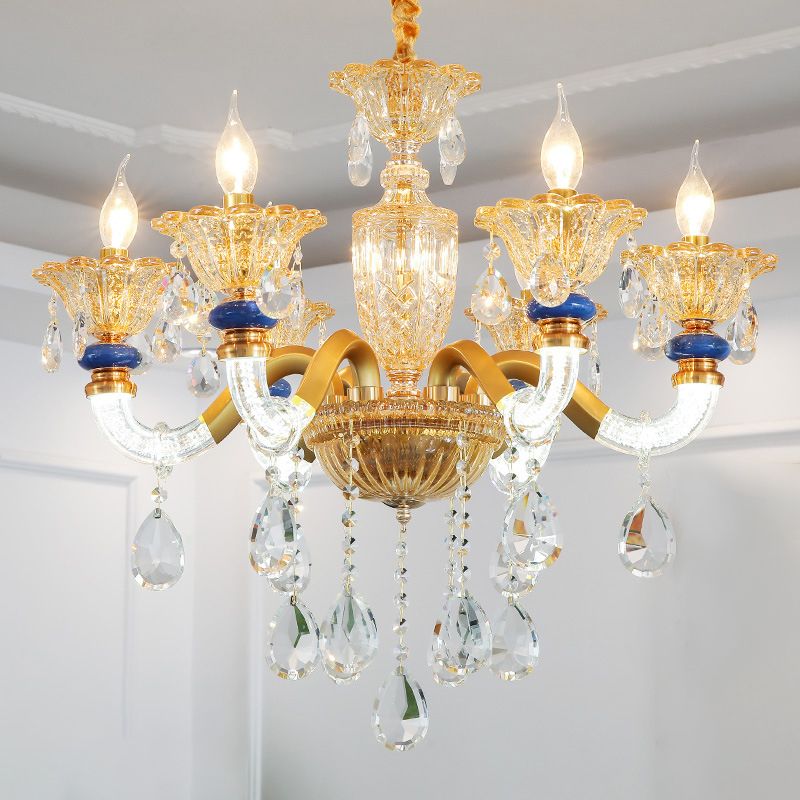 Candelabra Chandelier Light Fixture Traditional Metal 6 Heads Brass Suspension Pendant with Dangling Amber Crystal Accent