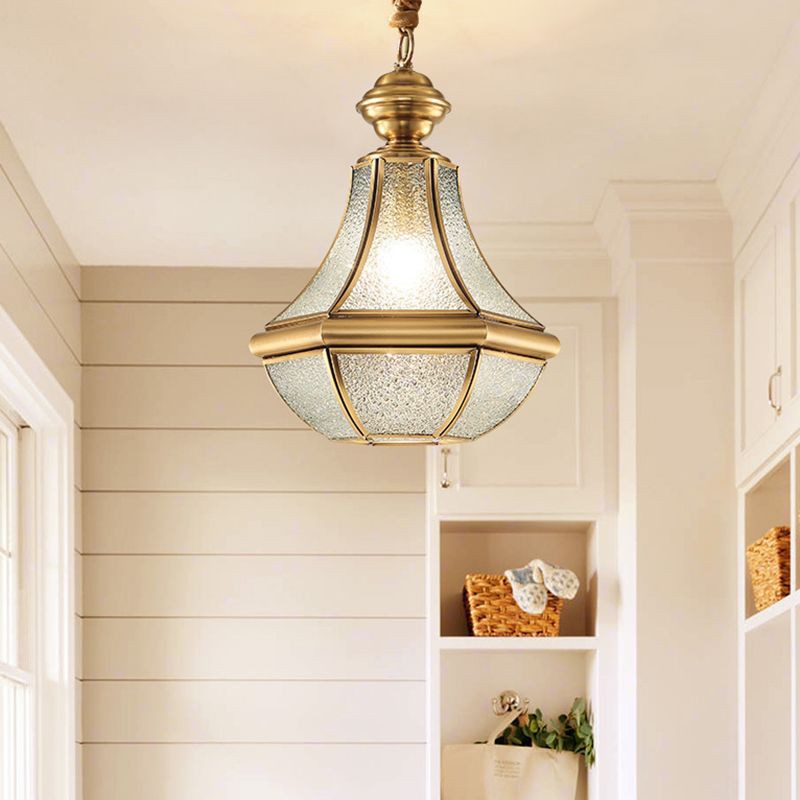 Colonial Style Brass Hanging Light Glass Jar Shade Single Bulb Decorative Pendant Lighting Fixture for Bedroom