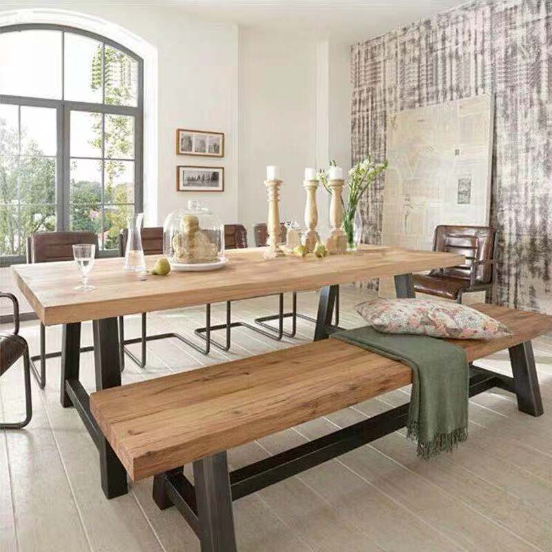 Metal Industrial Rectangle Dining Table Solid Wood Top Table with Trestle Base