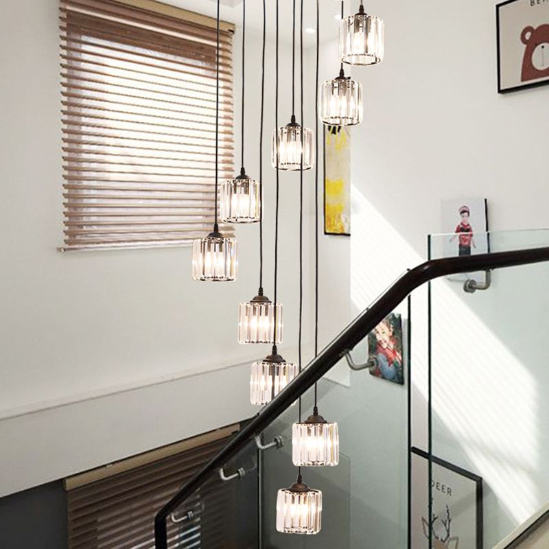 Lacquered Iron Black Hanging Lamp in Modern Luxury Style Crystal Cylindroid Pendant Light for Stairs