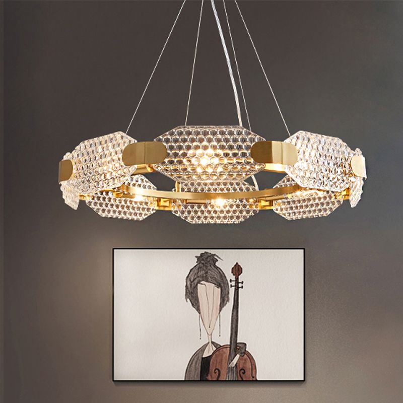 8-Head Octagon Chandelier Light Colonialist Gold Clear Textured Glass Ceiling Lamp with Circular Design