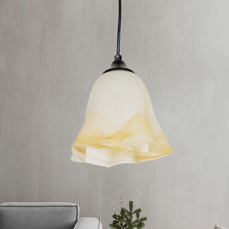 Contemporary 1-Light Down Light with White Frosted Glass Shade Black Floral Ceiling Hang Fixture