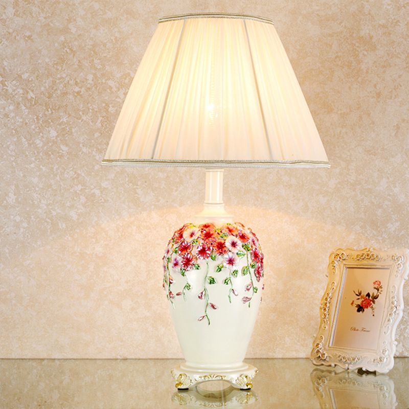 Gathered Fabric Beige/Pink Nightstand Light Conical 1 Light Pastoral Style Table Lamp with Painted Pottery Base