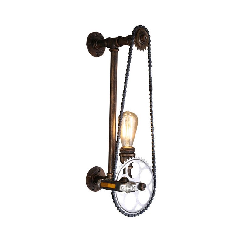 Iron Gear Bike Wall Lamp Warehouse 1 Light Restaurant Wall Mounted Light in Bronze with Pipe Arm
