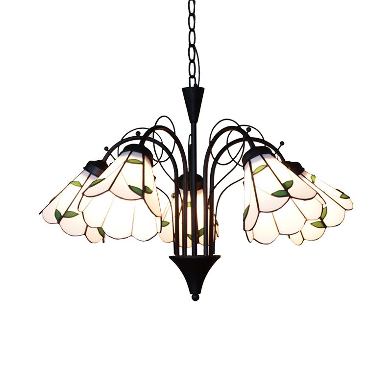 Gebrandschilderd glazen blad kroonluchter licht met metalen ketting 5 lichten rustiek hanglamp in beige voor slaapkamer