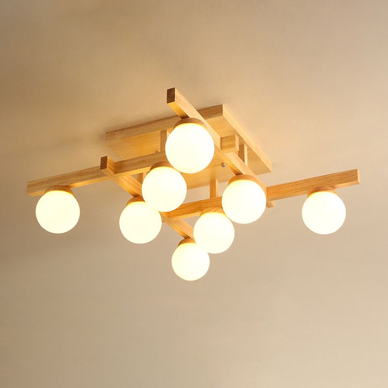 Ball-Shaped Semi Flush Light Fixture Modern Wood Living Room Semi Flush Chandelier