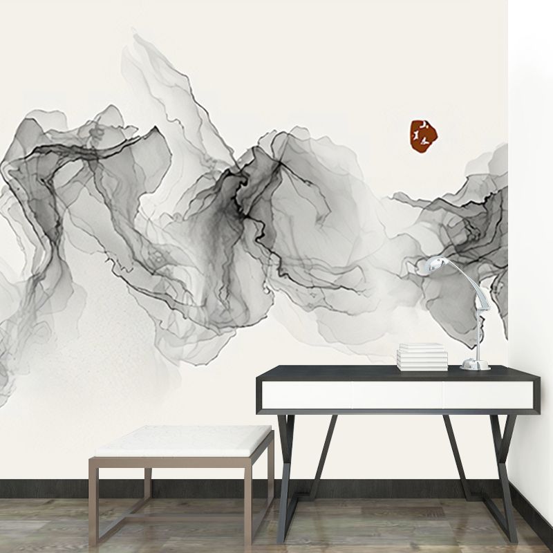 Traditional Wall Mural for Living Room with Grey Swirling Smoke Pattern, Made to Measure