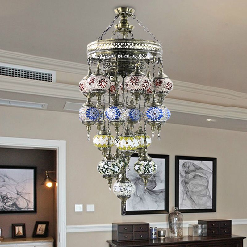 Oval Stained Art Glass Ceiling Chandelier Traditional 19 Heads Stairway Hanging Pendant Light in Blue