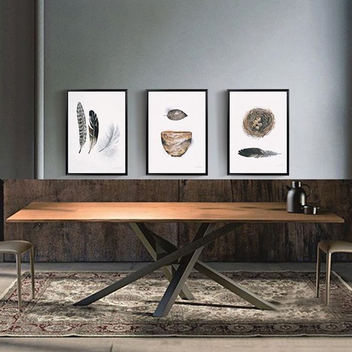 Rectangle Pine Wood Dining Table Industrial Table in Nature with Metal Pedestal
