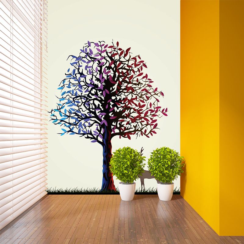 Large Art Deco Wallpaper Murals Blue and Purple Deer Under Tree Pattern Wall Covering, Custom Made