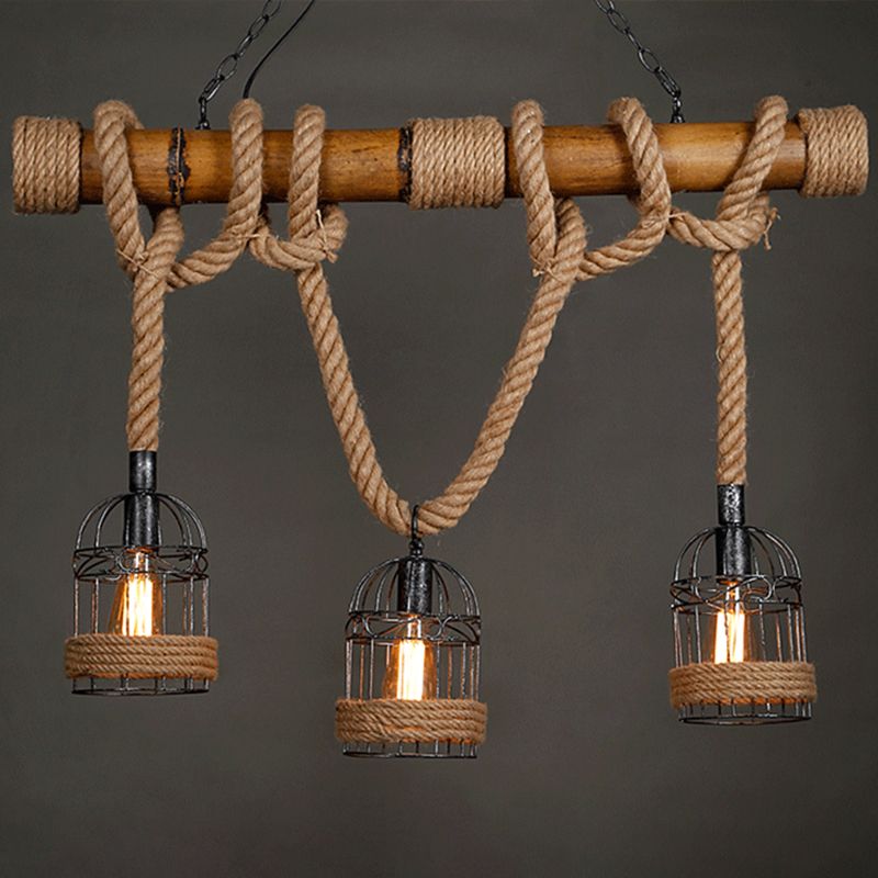Retro industrial de cáñamo de cáñamo de cáñamo colgante de alambre de hierro tono de jaula 3 luces de techo de madera maciza luz de colgar para bar de restaurantes