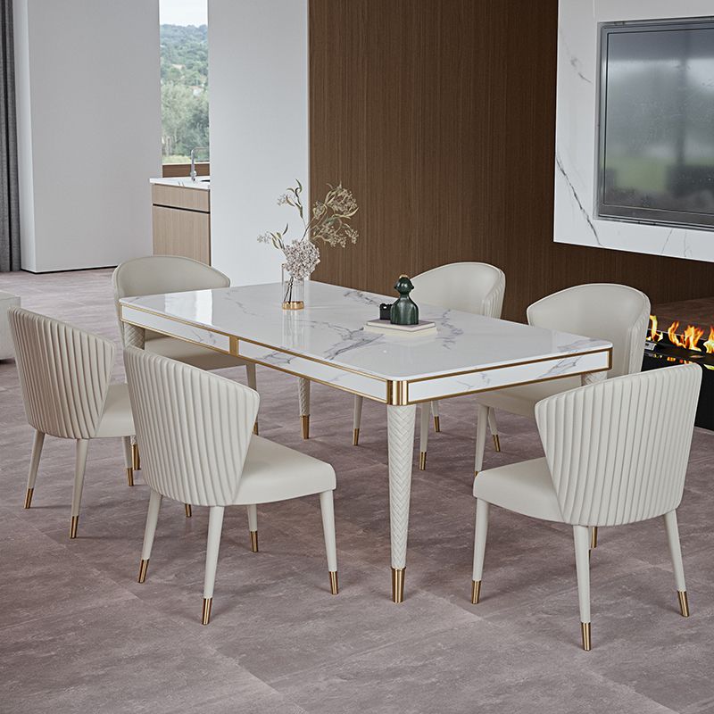 Mesa de comedor medieval moderna de lujo con tapa de piedra sinterizada, mesa rectangular en blanco con 4 patas