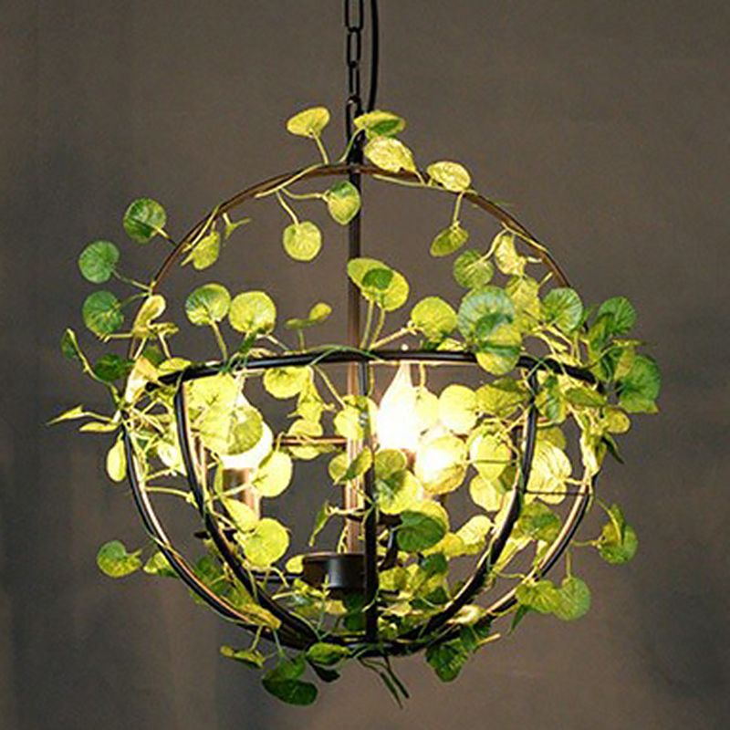 Green Hanging Ceiling Light Country Style Wire Cage Iron Chandelier with Artificial Vine for Restaurant