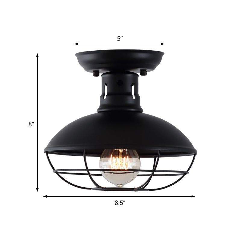 Single Bulb Semi Flush Mount Industrial Domed Metal Ceiling Light in Black with Cage