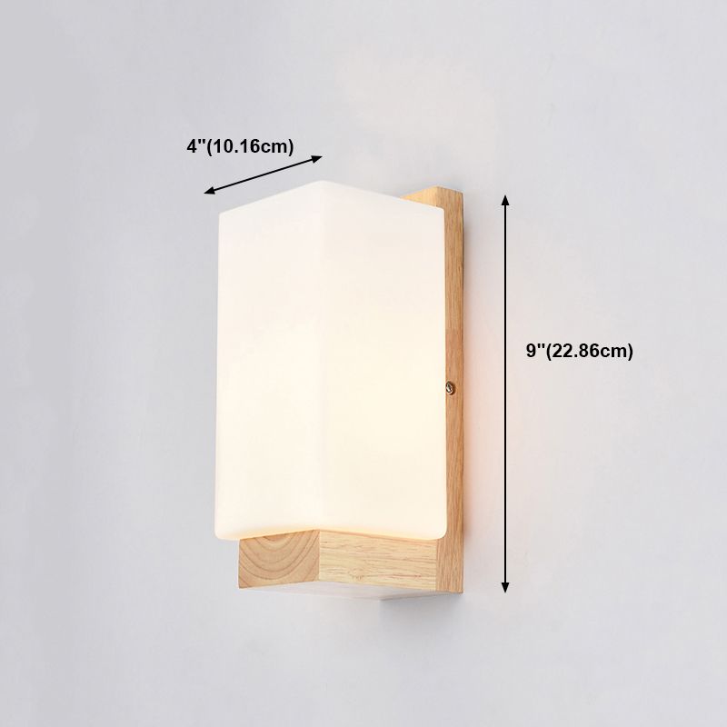 Nordic Wood Wall Light Cuboid 9" Wide Wall Sconce with White Glass for Bedroom