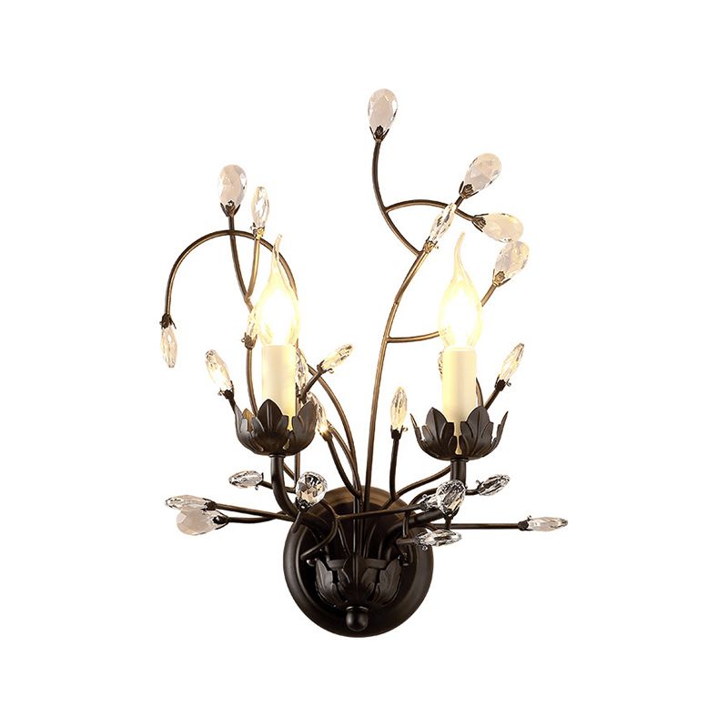 Crystal Candle Shape Wall Sconce Modern Style 2 Lights Wall Light Fixture in Black